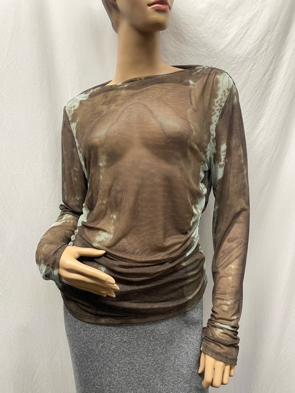 Sweet Rain Brown Sheer Long-Sleeve Top with Green Accents